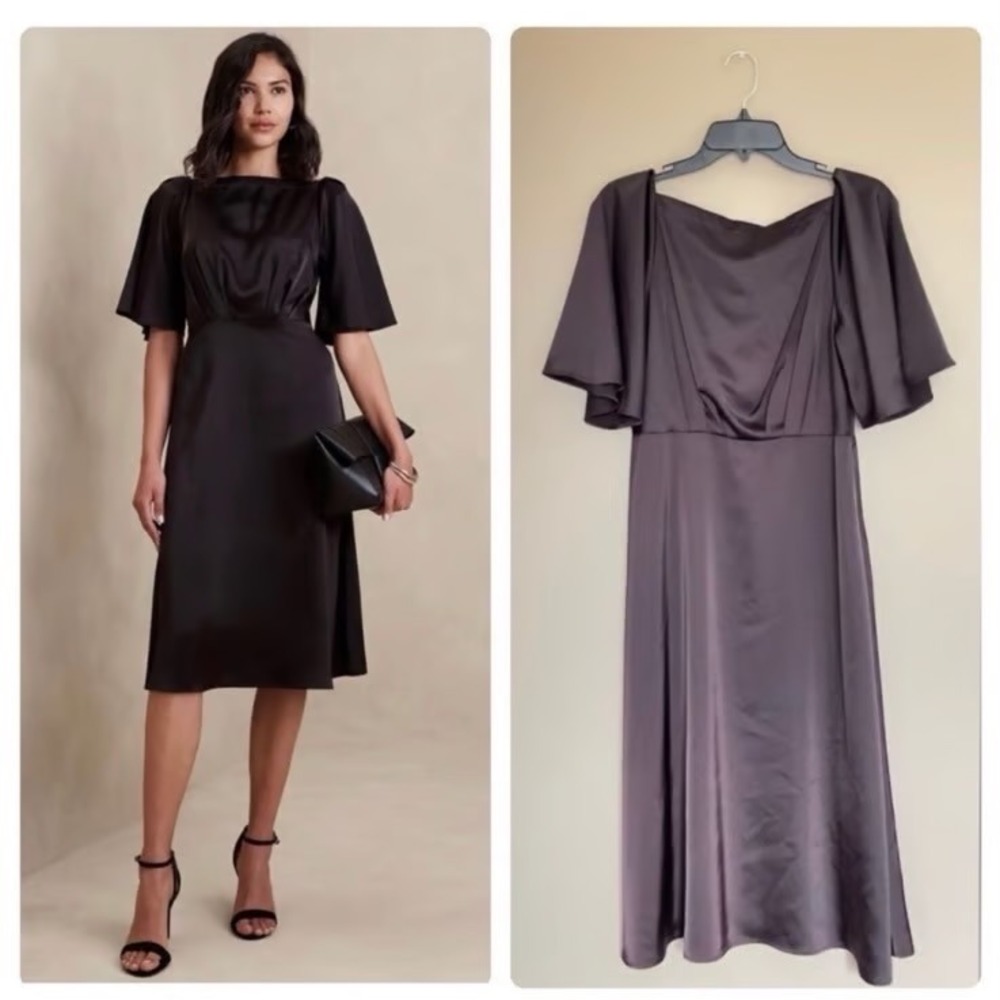 Banana Republic Black Satin Flutter Sleeve Midi Dress Square Neck 760563 Size 8